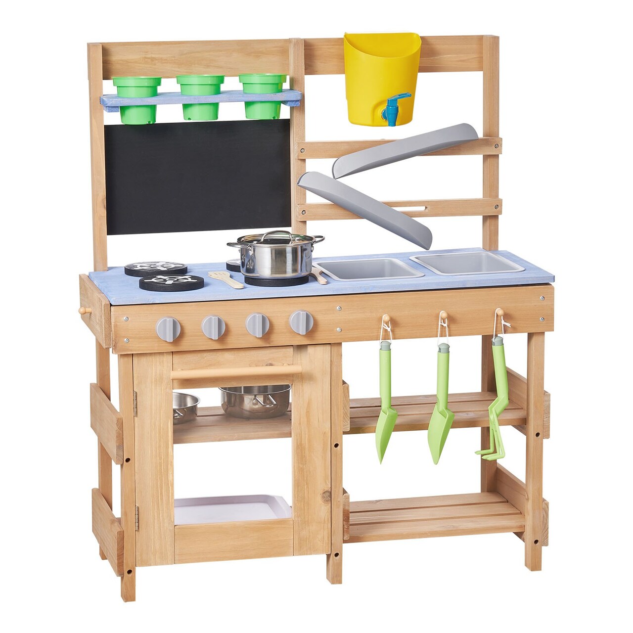 Blue-Natural Fir Wood Kids Mud Kitchen 4-Stove Outdoor Playset